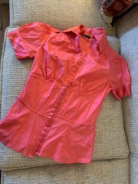 Bebe Bright Coral hook and eye Front Short Sleeve corset Blouse XS